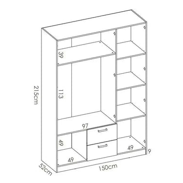 Armario con cajones grande blanco de tablero con 3 puertas, 2 cajones y estantes internos, 215x150x52 cm.