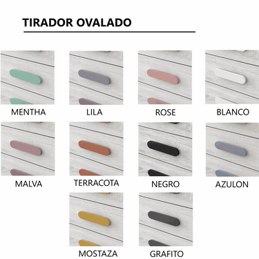 Tirador ovalado para cama compacta, disponible en diez colores lisos, con forma alargada y extremos redondeados; Armario corredero