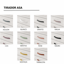Tirador de asa curvada en varios colores, montado sobre frentes blancos; no es un Armario corredero.