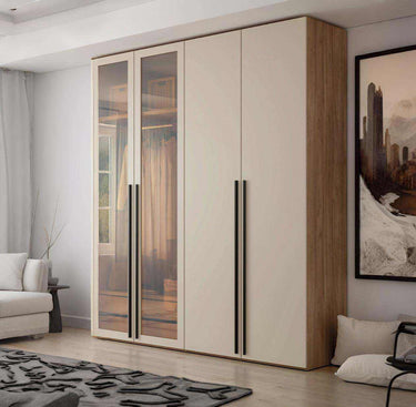 Armario dormitorio LUCCA 4 puertas con cristal templado toffe y tiradores negros