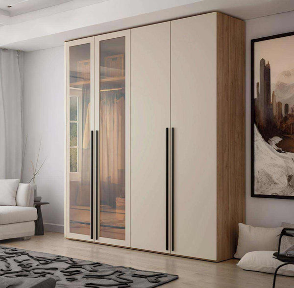 Armario dormitorio LUCCA 4 puertas con cristal templado toffe y tiradores negros