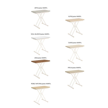Mesa centro elevable FELICE convertible en mesa de comedor con patas metálicas en X y acabado en roble natural, fabricada en España.