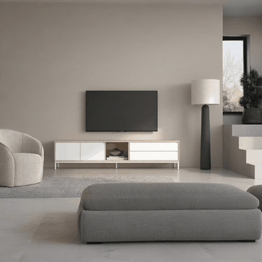 Mueble TV salón TIVOLI 220cm minimalista con cubo integrado y puertas abatibles en colores personalizables