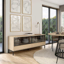 Aparador salón TIVOLI con puertas abatibles de cristal y cajones, diseño minimalista y elegante.