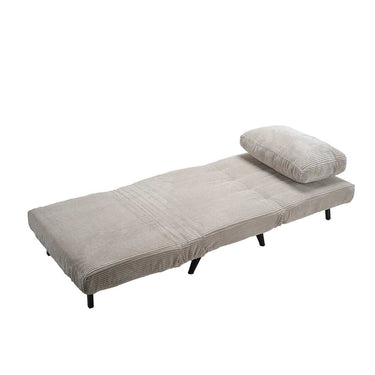 Butaca cama beige de tela acanalada, desplegada como cama individual, con cojín a juego y patas negras.