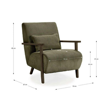 Butaca verde Einno-B con patas de nogal y cojín lumbar