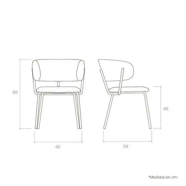 Butaca de diseño estilizado con respaldo y asiento acolchados, patas metálicas negras y medidas 86x48x58 cm.