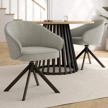 Butaca Verona tapizada con base giratoria y patas metálicas negras en colores mostaza, musgo, marrón y gris