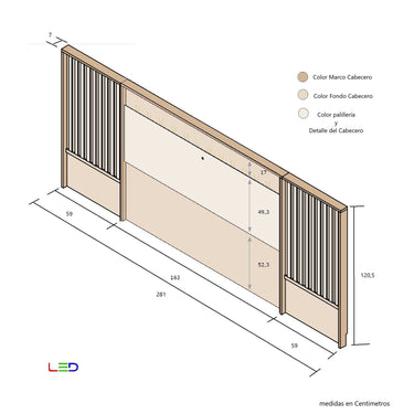 Cabecero LED matrimonio LUCCA mod.6 con diseño de palillería lateral y luz integrada, fabricado en melamina resistente.