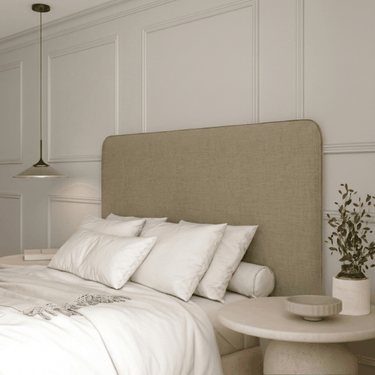 Cabecero tapizado Milo de lino en tonos naturales para cama de matrimonio, diseño moderno y elegante