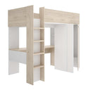 Cama alta en color blanco y acabado natural alistado, con estructura de tablero de partículas, incluye mesa y armario integrados.