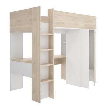 Cama alta en color blanco y acabado natural alistado, con estructura de tablero de partículas, incluye mesa y armario integrados.