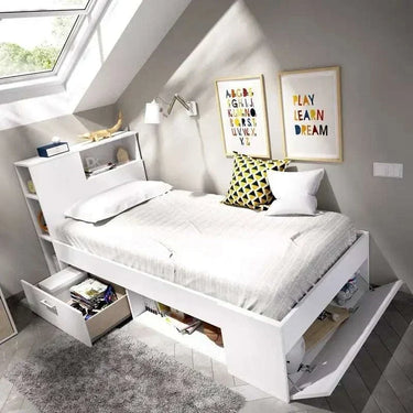 Cama Compacta blanca juvenil de madera con estantería, cajón y arcón, diseño reversible para habitaciones pequeñas.