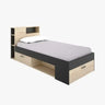 Cama Compacta juvenil de melamina color madera clara y negro con estantería y dos cajones inferiores para almacenamiento.