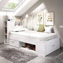 Cama Compacta blanca juvenil con estantería, cajón y arcón, diseño reversible en tablero melamínico resistente.