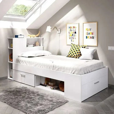 Cama Compacta blanca juvenil con estantería, cajón y arcón, diseño reversible en tablero melamínico resistente.