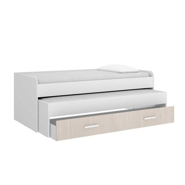 Cama Compacta juvenil blanca de melamina, con cama supletoria deslizable y cajón inferior en madera clara.