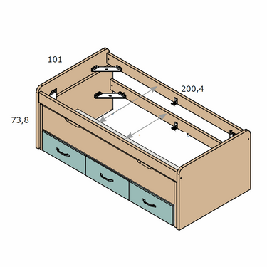 Cama compacta beige y verde agua de tablero melaminado, con estructura elevada y tres cajones frontales con tiradores negros.