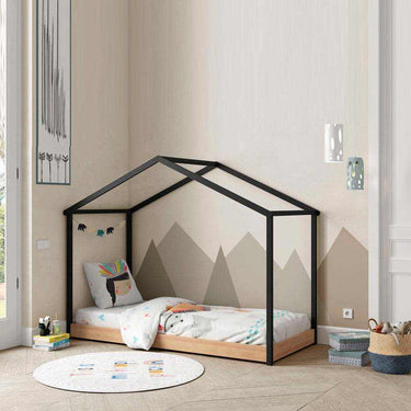 Cama Montessori cabaña de madera en acabado antracita para niños