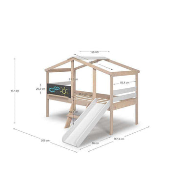 Cama montessori cabaña blanca con tobogán integrado para niños