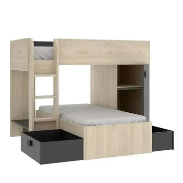 Cama tren reversible de tablero melamínico en acabado natural y grafito, con dos camas, escalera, armario y cajones.