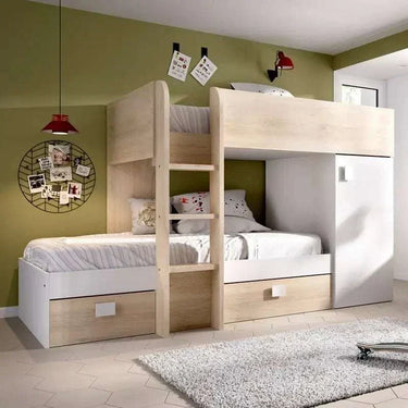 Cama tren reversible de melamina blanca y natural, con dos camas, escalera central, armario y cajones integrados.