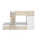 Cama tren reversible en melamina blanca y acabado madera clara, con dos camas, escalera, armario y cajones.