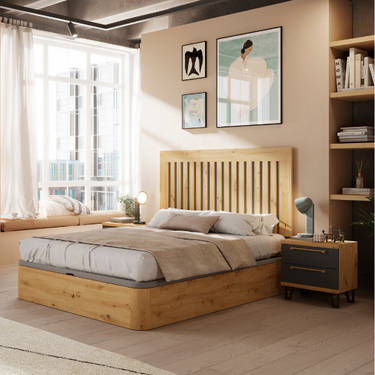 Canapé de base tapizada GENOVA en color grafito, diseño moderno y funcional con almacenamiento extra para dormitorio