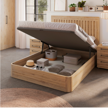 Canapé de base tapizada GENOVA en color grafito, diseño moderno con almacenamiento extra para dormitorio