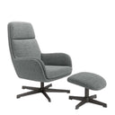 Butaca giratoria BELINA con Ottoman tapizada en tejido suave gris con base metálica negra y giro 360 grados