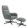 Butaca giratoria BELINA con Ottoman tapizada en tejido suave gris con base metálica negra y giro 360 grados