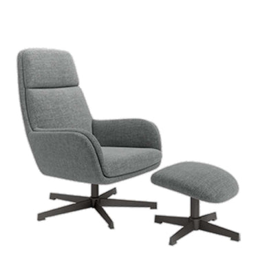 Butaca giratoria BELINA con Ottoman tapizada en tejido suave gris con base metálica negra y giro 360 grados