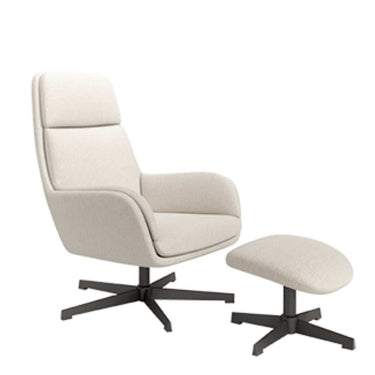Butaca giratoria BELINA con Ottoman tapizada en tejido suave y base metálica negra con giro 360° en color gris.