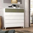 Cómoda de 5 cajones LUCCA con tirador en forma de J en dormitorio