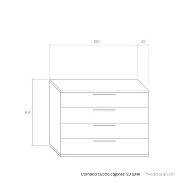 Cómoda 4 cajones GENOVA de 120 cm con acabado personalizable en varios colores y tiradores.