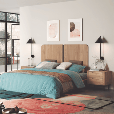 Mueble dormitorio composición CAPRI mod.2 con cabezal TIBERIO y mesitas de noche modernas en tonos nogal y negro