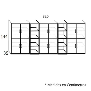 Estantería librería baja Bolonia de madera con módulos abiertos y cerrados para salón