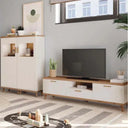Muebles salon comedor BOLONIA ambiente 2 con vitrina doble y módulo TV en tonos naturales y diseño moderno