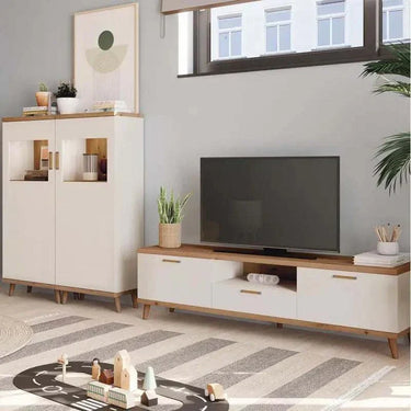 Muebles salon comedor BOLONIA ambiente 2 con vitrina doble y módulo TV en tonos naturales y diseño moderno