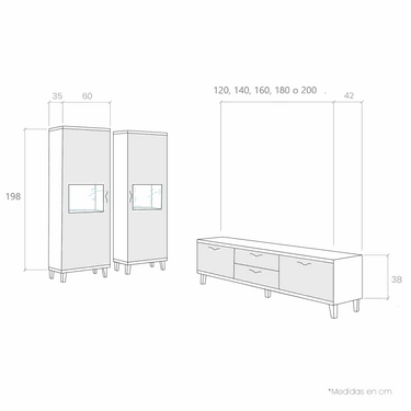 medidas mueble salón comedor BOLONIA diseño nórdico moderno con vitrinas y mueble TV ajustable en madera artesanal España.