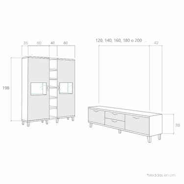 Mueble de salón comedor BOLONIA ambiente 12 diseño nórdico con vitrinas, estantería y mueble TV personalizable
