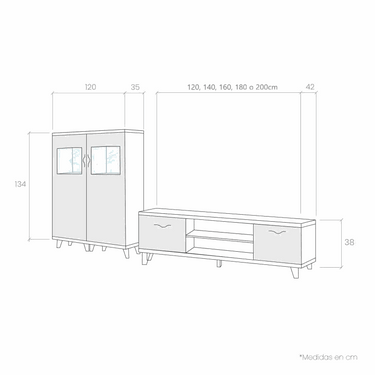 Mueble salón comedor completo BOLONIA con vitrina y módulo TV en acabado madera natural