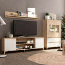 Composición de salón LECCE con mueble TV, vitrina y estante de melamina color roble y blanco