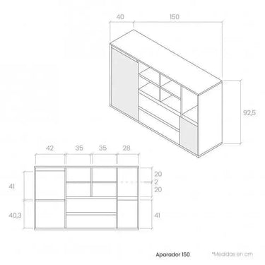 Aparador 150 LECCE de diseño moderno con 2 puertas, 2 cajones y 5 huecos, fabricado en España con materiales sostenibles.