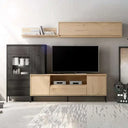 Composición de salón LECCE con mueble TV, vitrina, estante de pared en tonos madera natural