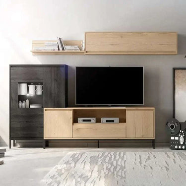Composición de salón LECCE con mueble TV, vitrina, estante de pared en tonos madera natural