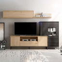 Composición de salón LECCE en tonos madera con mueble TV, vitrina, estante y puerta batiente