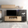 Composición de salón LECCE en tonos madera con mueble TV, vitrina, estante y puerta batiente