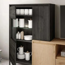 Composición de salón LECCE con mueble TV, vitrina, estante y acabado amaderado en melamina de alta calidad.