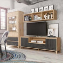 Salón LECCE ambiente con muebles de TV, vitrina y estante en tonos amaderados cálidos